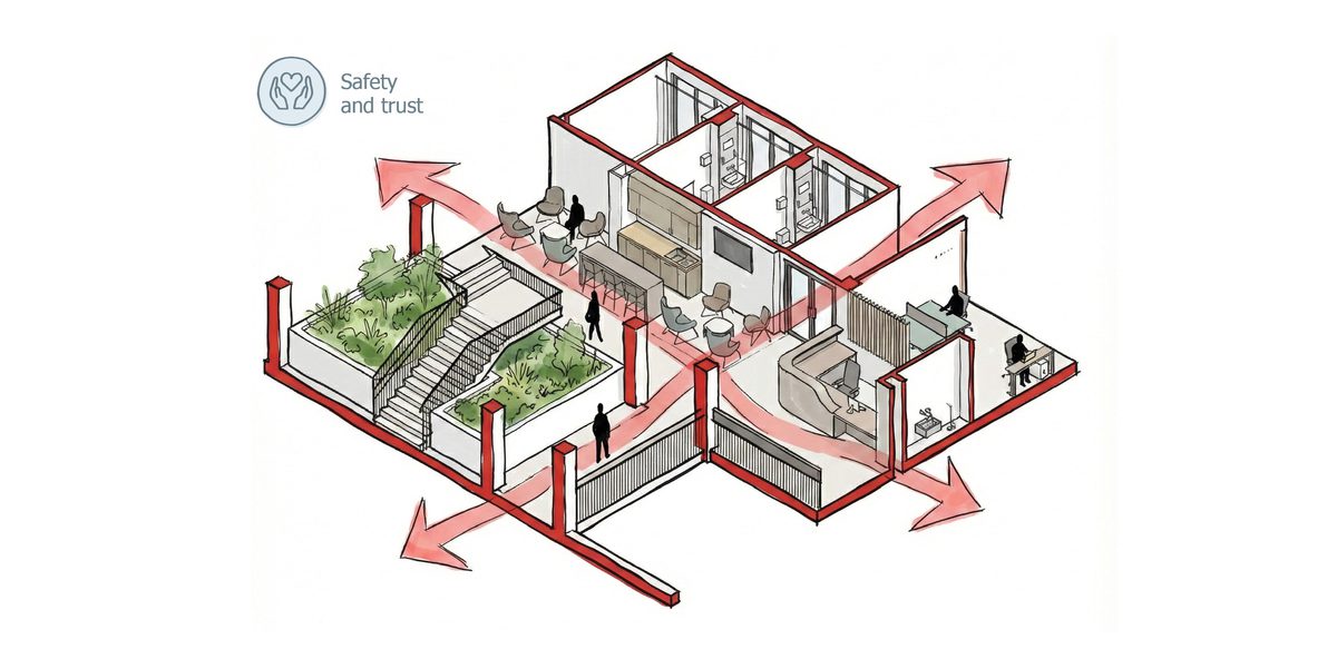 A sketch diagram showing the various accessible routes in Thrive representing the safety and trust design principles.