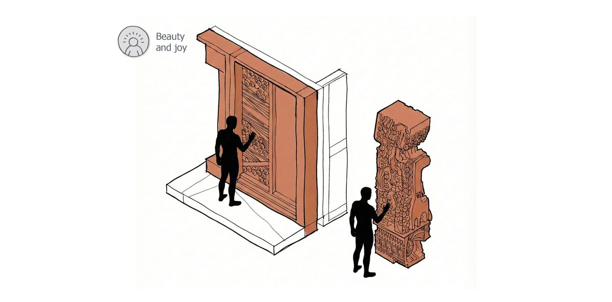 A sketch diagram of the tactile wall used at Thrive representing the beauty and joy principle of trauma-informed design.
