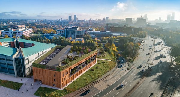 Aerial visualisation of the Thrive Health and Wellbeing Centre showing project scale, location and integrated roof terrace.