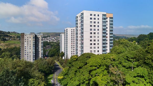 High rise tower blocks with trees against a blue sky.