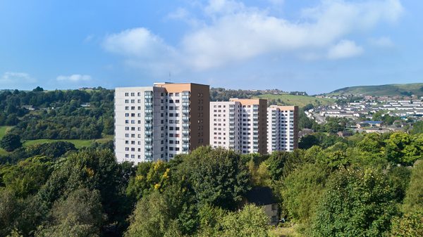 A series of high rise tower blocks against trees and greenery.