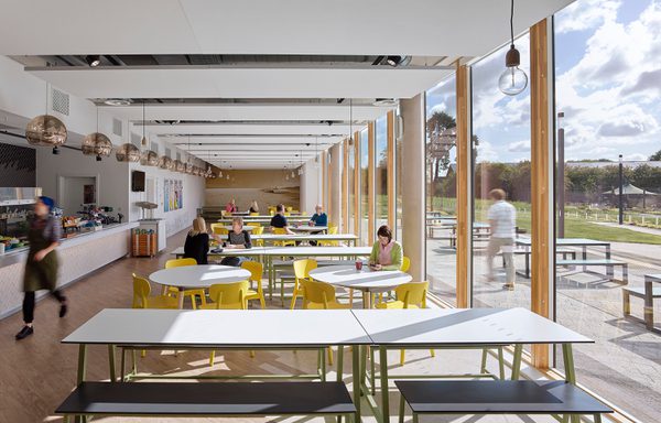 Staff using the bright canteen within the UK Hydrographic Office with floor to ceiling windows and indoor and outdoor seating options.
