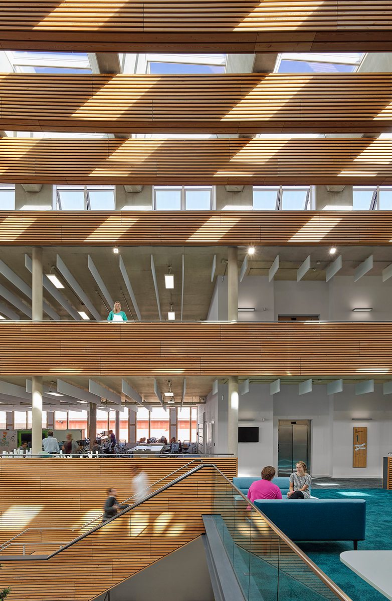 An interior detail shot of the timber baffles and cladding, mezzanine levels and glazed roof within the UK Hydrographic Office.