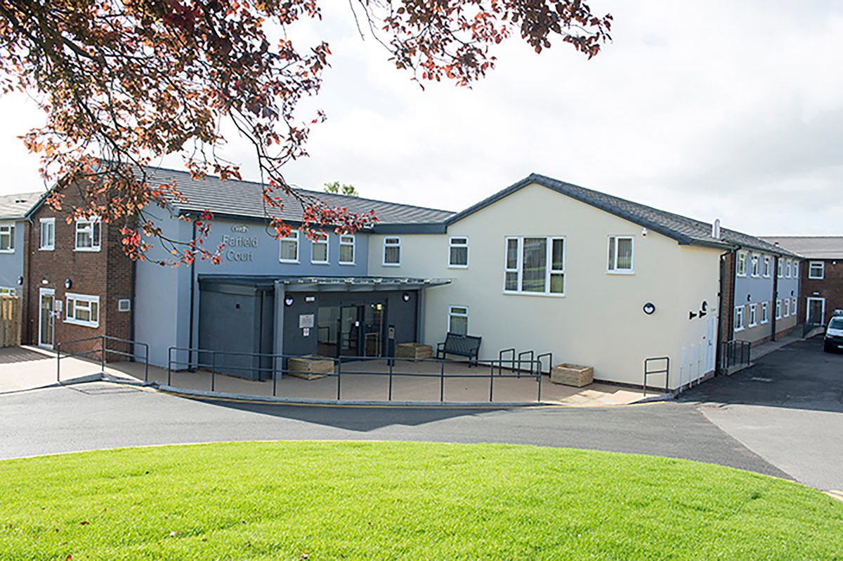 The front exterior entrance of Farfield Court, one of the Independent Living Schemes in Vico Homes' property portfolio.