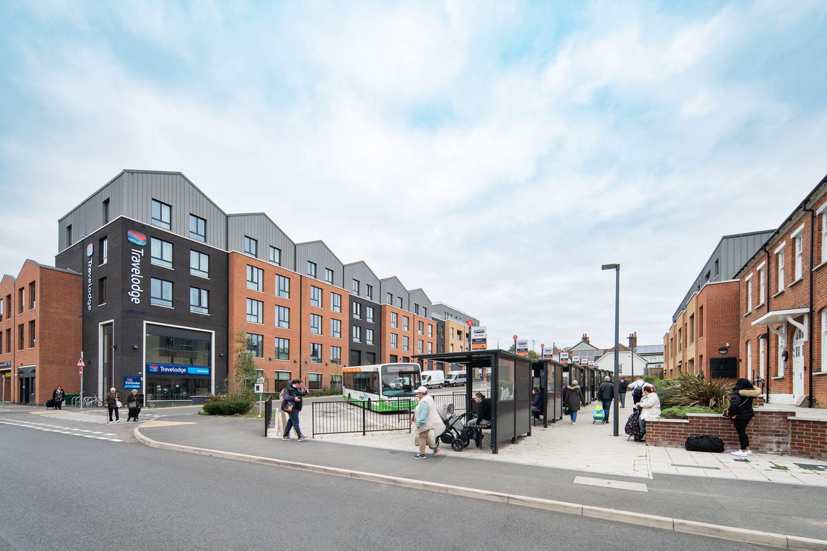 An exterior view of the transport hub and hotel, within the Victoria Square mixed use development.