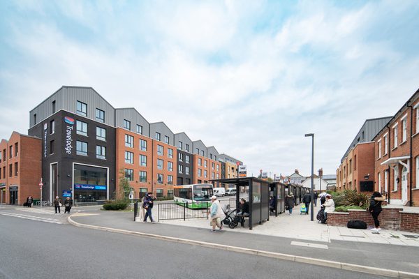 An exterior view of the transport hub and hotel, within the Victoria Square mixed use development.
