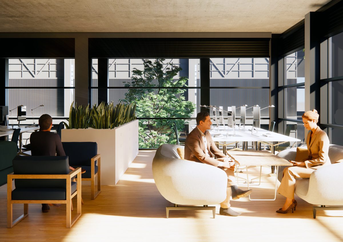 An internal visualisation of the flexible workspace as part of the Wapping Wharf North development showing the various seating and workspaces.