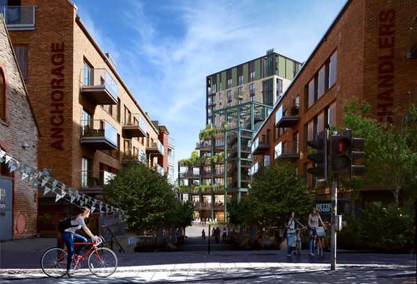 A visualisation of the approach to the Wapping Wharf North retail podium from the street with pedestrians passing in the foreground.