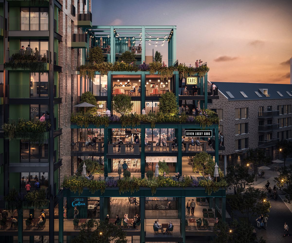A visualisation of the Wapping Wharf North development at dusk showing the stacked design feature.