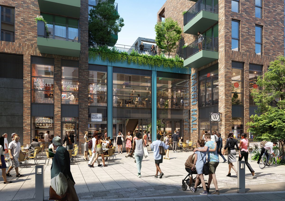 A visualisation of the ground floor entrance to the retail podium at Wapping Wharf North with people enjoying the space outside.