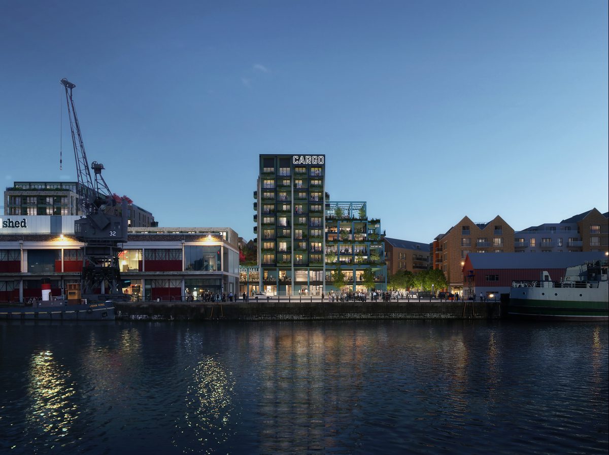 A visualisation of the entirety of Wapping Wharf development, showing its waterside location.