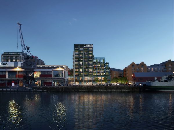 A visualisation of the entirety of Wapping Wharf development, showing its waterside location.
