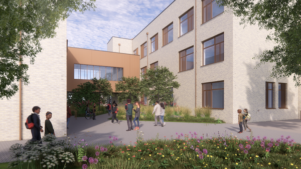 A visualisation of the rear entrance to Wellfield Academy with pupils walking in the foreground and associated landscaping in the background.