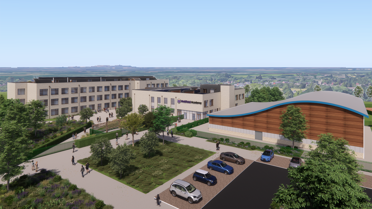 An aerial visualisation showing the entirety of Wellfield Academy, its surroundings and on site parking.
