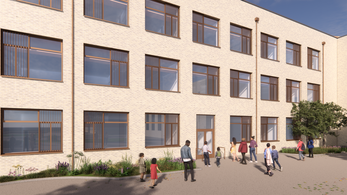 An exterior visualisation of Wellfield Academy showing its brick facade and pupils in the foreground.