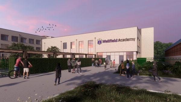 A visualisation of the Wellfield Academy entrance and its landscape surroundings.