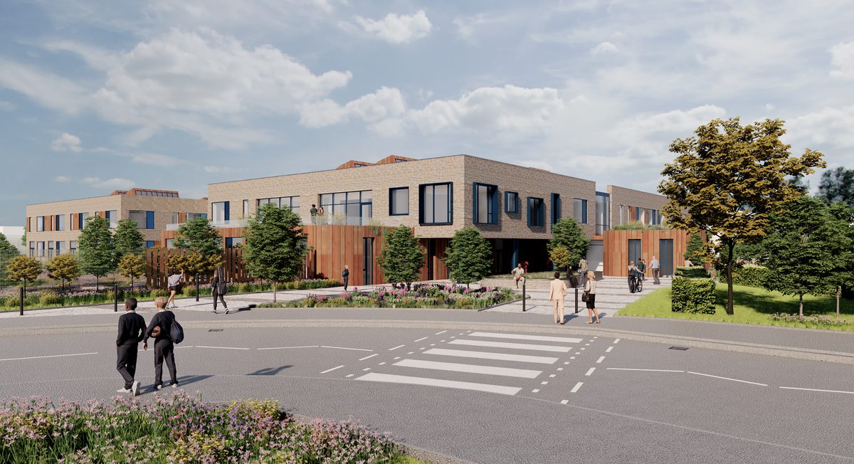 Visualisation of the Willows High School entrance, showing a modern façade and landscaped pathways leading to the main doors.