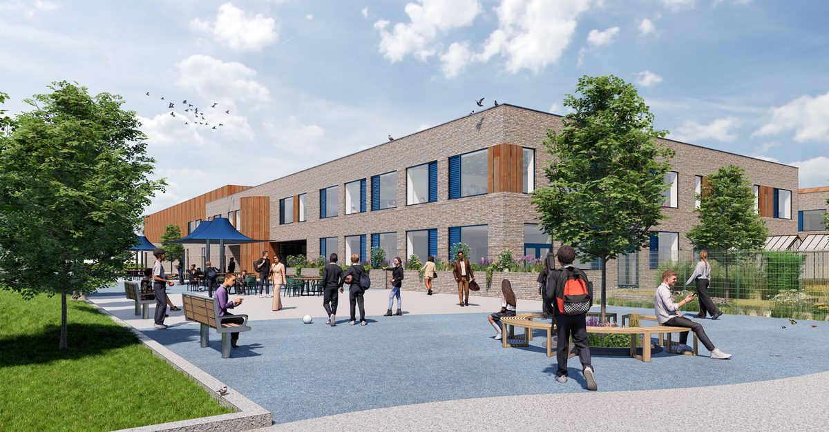 Visualisation of Willows High School showing students in the outdoor learning and play areas, with landscaped paths and greenery in front of the modern school building.