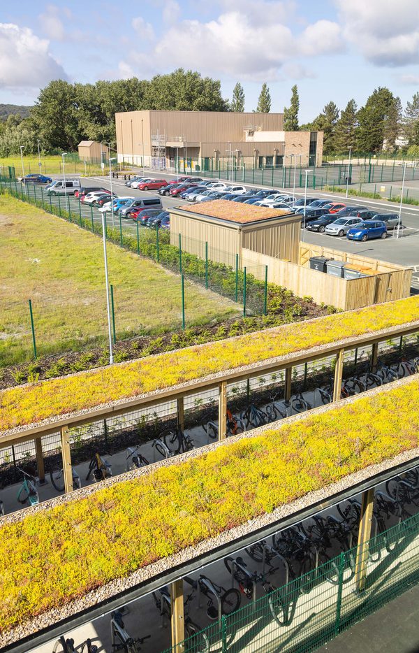 The green rooved cycle storage and car parking facilities at the Winterstoke Hundred Academy.