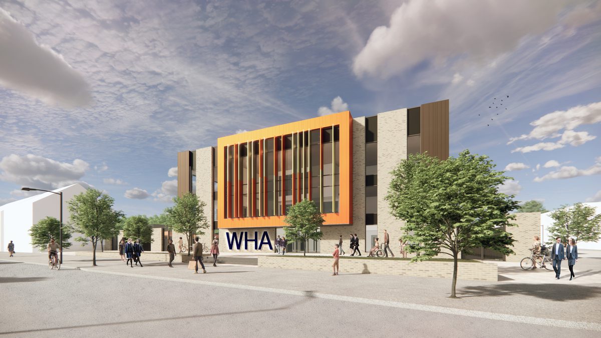 A exterior visualisation of the Winterstoke Hundred Academy, showing the front entrance, surrounding public realm and orange facade.