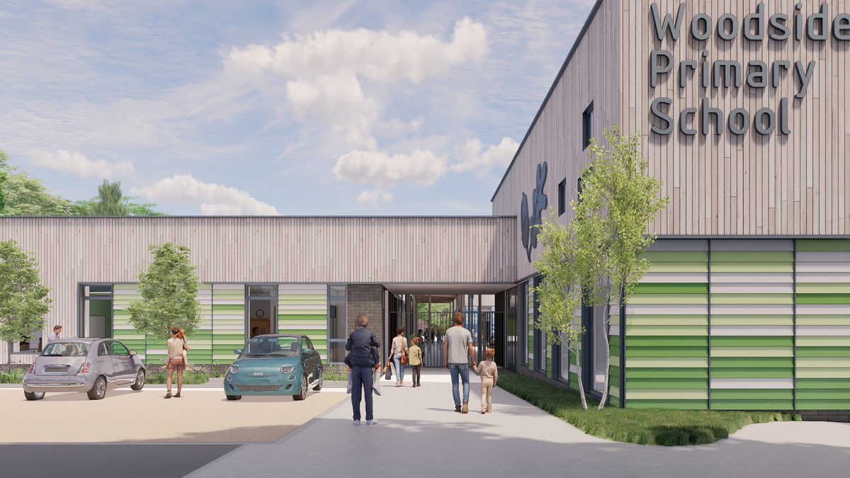 A visualisation of the entrance to Woodside Primary School with parents, teachers and pupils on approach and associated car parking in the background.