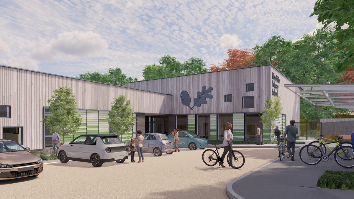 A visualisation of the car park and entrance to Woodside Primary School with several cars and pedestrians walking and on bikes in the foreground.