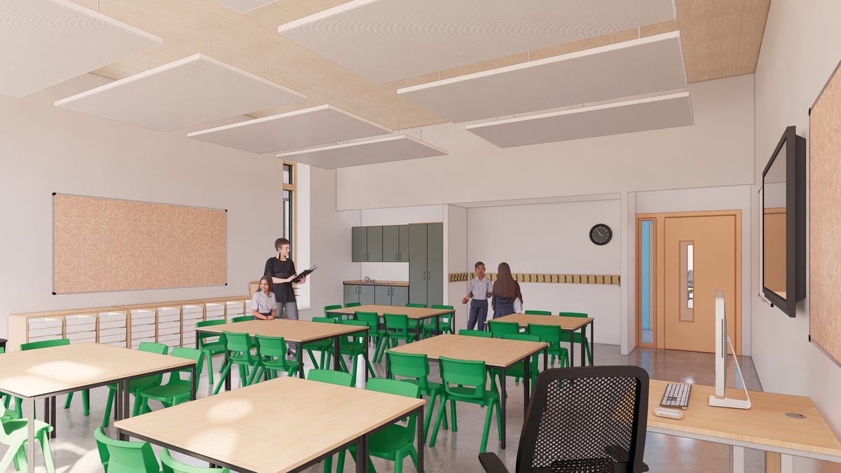 A visualisation of a brightly lit classroom space with several teachers and pupils interacting in the space with chairs and tables in the foreground.