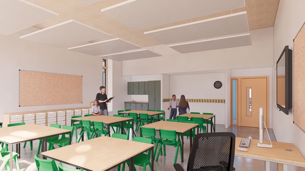 A visualisation of a brightly lit classroom space with several teachers and pupils interacting in the space with chairs and tables in the foreground.