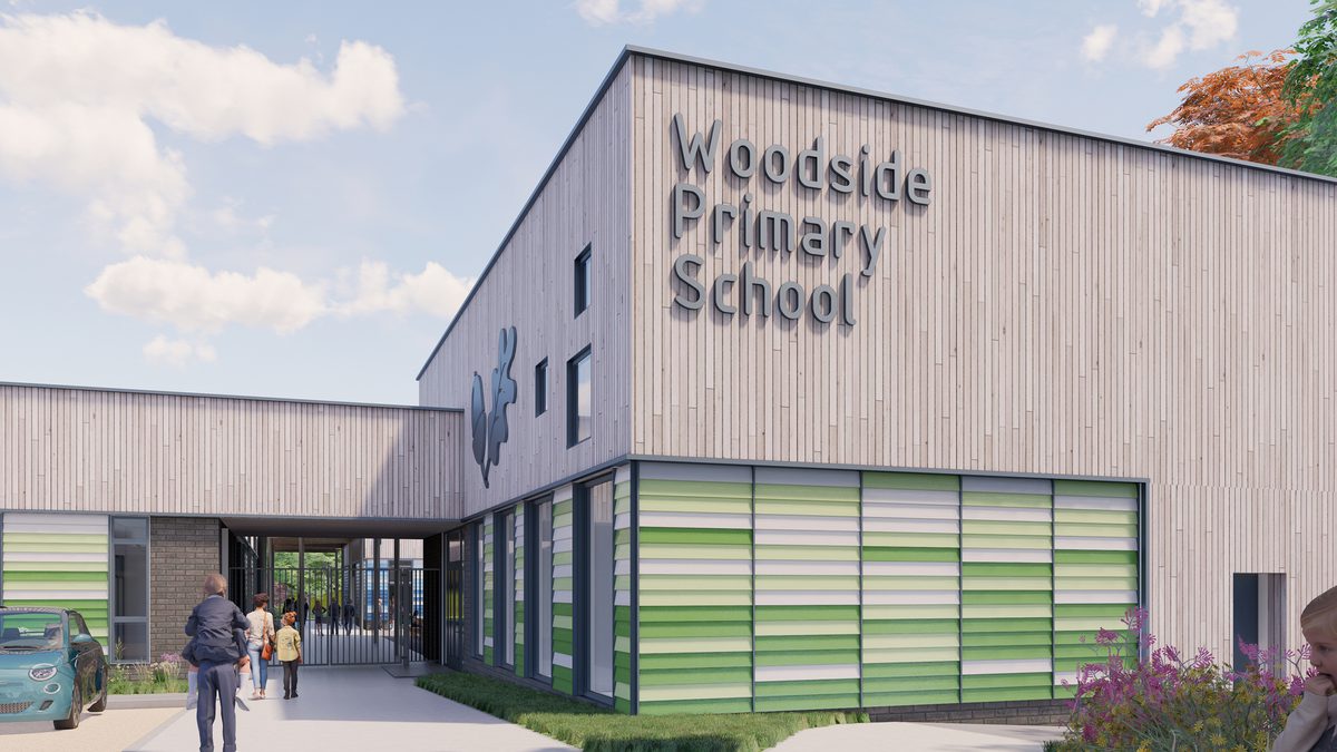 A visualisation of the entrance to Woodside Primary School showing its signage, green panels and people walking towards the school.